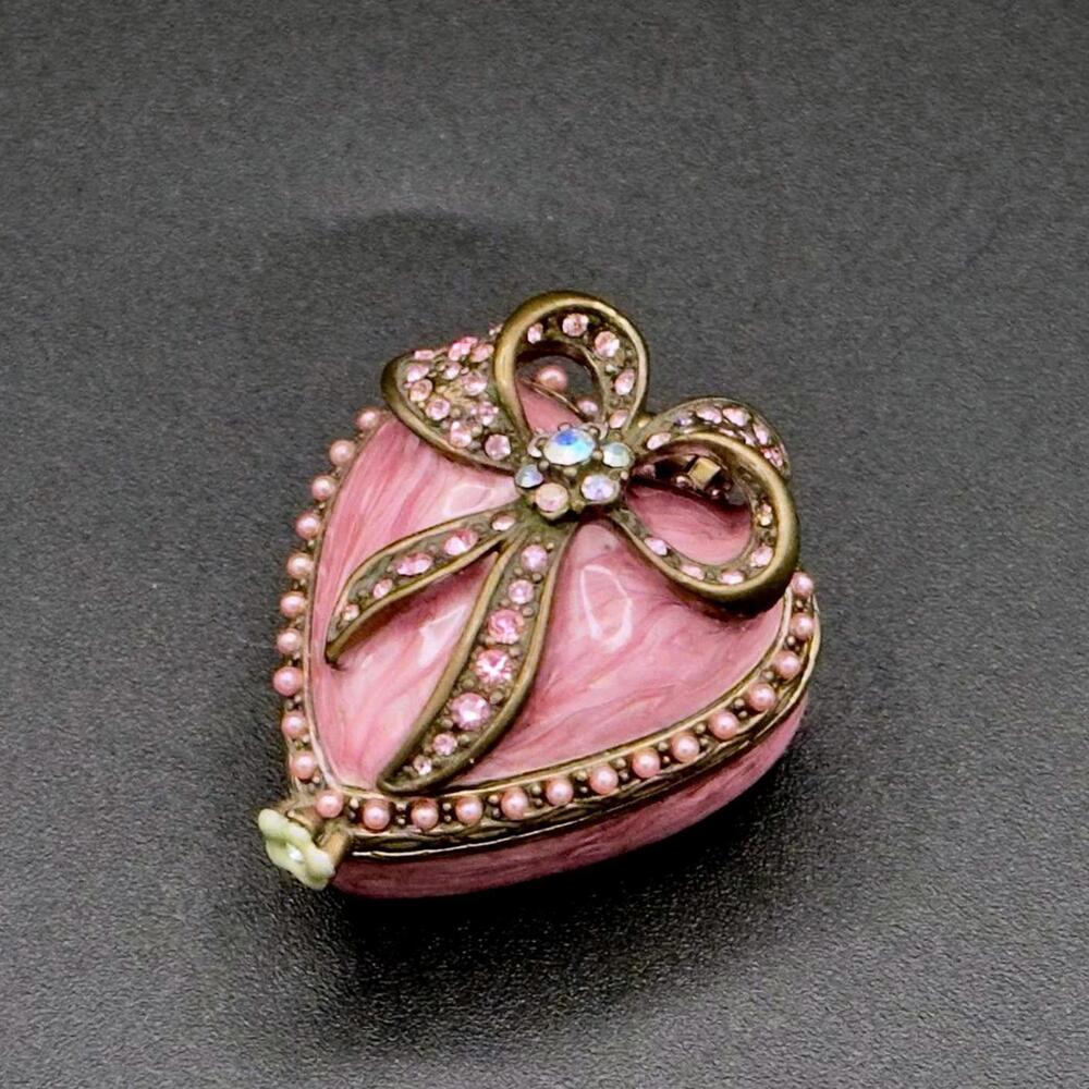 💖Luxury Pink Enamel Heart Trinket Box w/ Rhinestone Bow & Pearls Fabergé Style